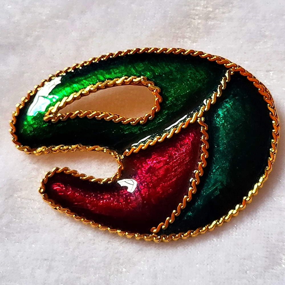 Vintage Designer Modernist Abstract Iridescent Green / Purple Enamel Brooch